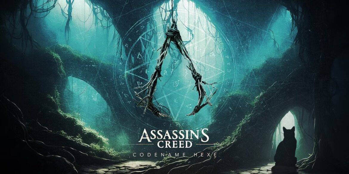 Logo de Assassin's Creed Hexe colgando en un bosque oscuro con un gato negro observando desde la distancia