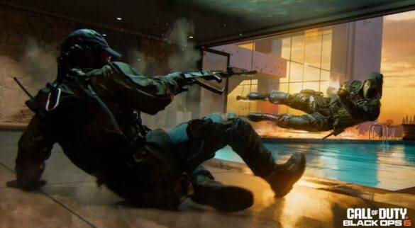 Dos soldados en una intensa batalla, disparando y deslizándose junto a una piscina al atardecer, en una escena de Call of Duty: Black Ops 6