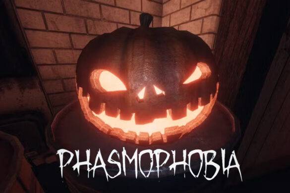 Calabaza de Halloween iluminada con la palabra Phasmophobia escrita debajo