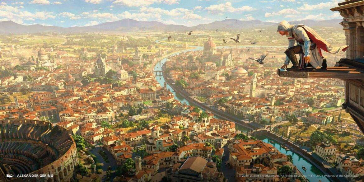 Imagen de un asesino desde un punto alto observando una ciudad detallada en el juego Assassin's Creed.