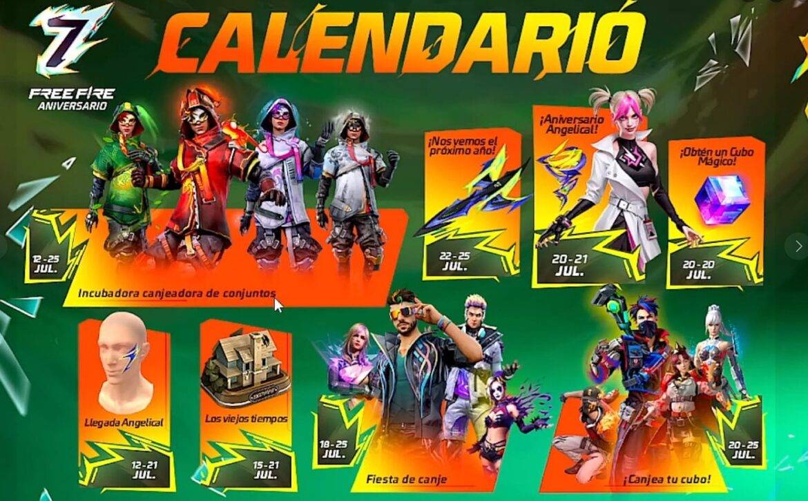 Calendario de eventos del 7º aniversario de Free Fire con personajes y recompensas