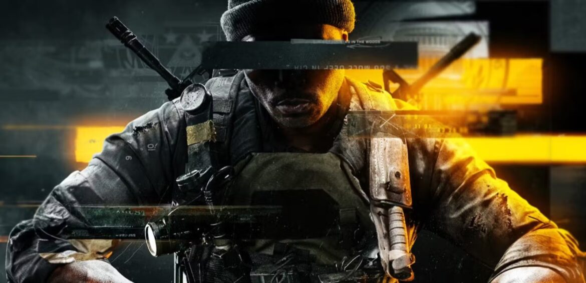 Soldado en equipo táctico con elementos visuales distorsionados y un fondo oscuro y tecnológico, típico de los juegos de acción militar