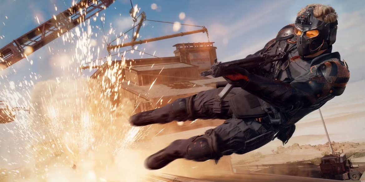 Jugador con armadura realizando un movimiento evasivo en explosión dentro de Call of Duty: Warzone.