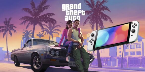 Arte conceptual de Grand Theft Auto 6 y la consola Nintendo Switch 2 sobre un fondo tropical con palmeras.