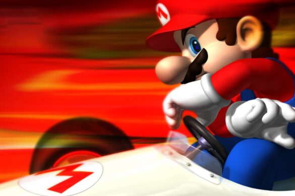Mario conduciendo un kart en una carrera con un fondo rojo difuminado.