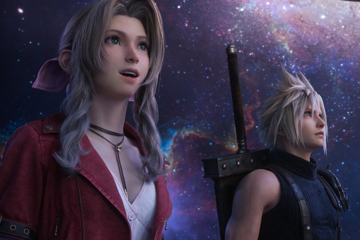 Personajes de Final Fantasy, Aerith y Cloud, contemplando el cielo estrellado con expresiones de asombro.