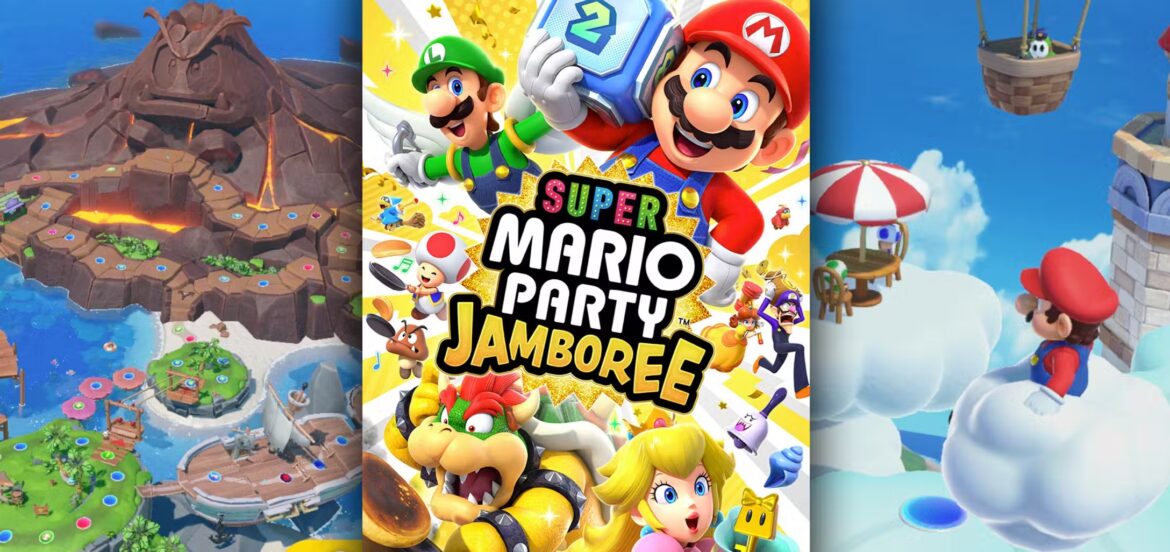 Portada de Super Mario Party Jamboree con Mario, Luigi, Bowser y otros personajes junto a una vista de los tableros del juego.