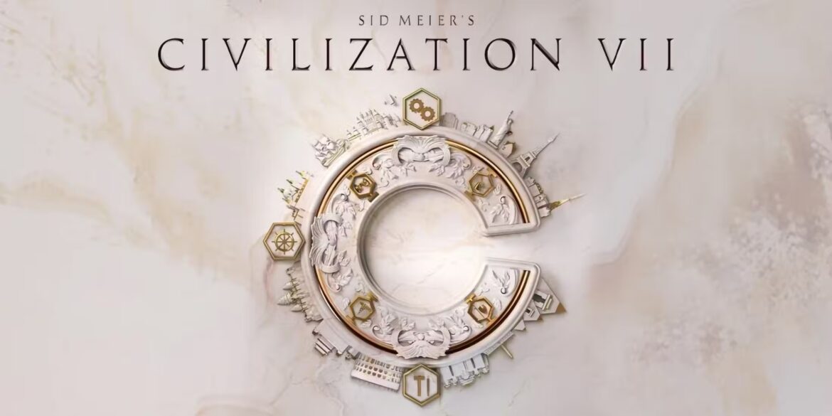 Logotipo de Civilization 7 mostrando un diseño estilizado con edificios y símbolos icónicos de la serie