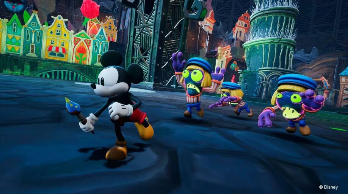 Mickey Mouse corriendo mientras es perseguido por personajes enemigos en un mundo oscuro de Disney Epic Mickey Rebrushed