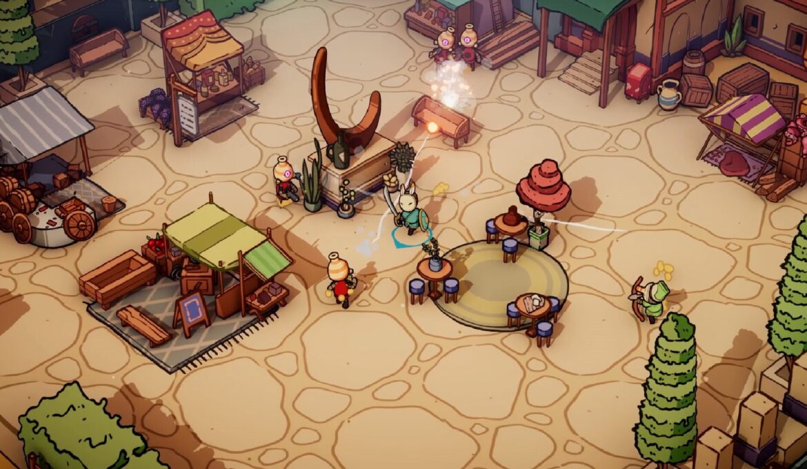 Captura del videojuego DuneCrawl mostrando a jugadores cooperativos explorando un vasto desierto de arena.