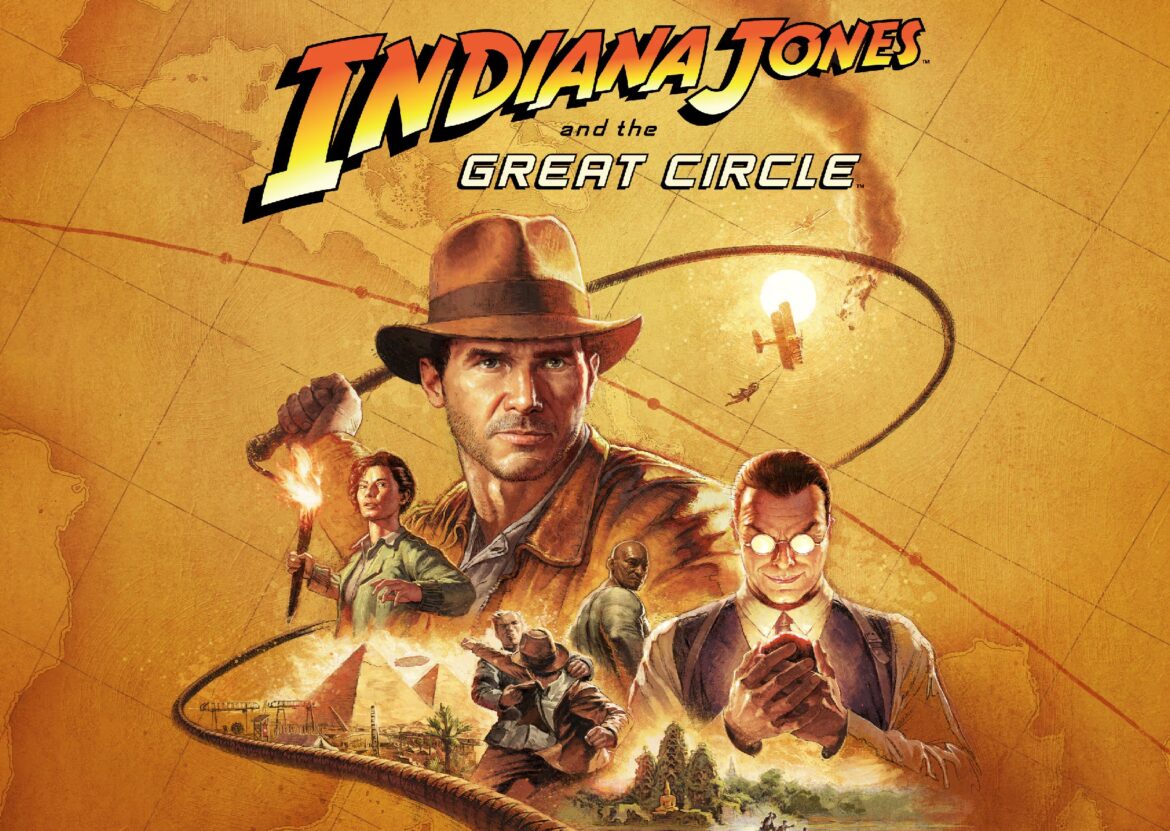 Jones explorando un antiguo templo mientras resuelve acertijos en Indiana Jones y el Gran Círculo.