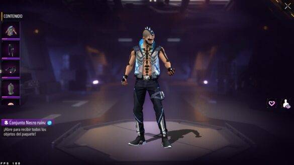 Conjunto Necro Ruina en Free Fire con diseño oscuro y detalles luminosos