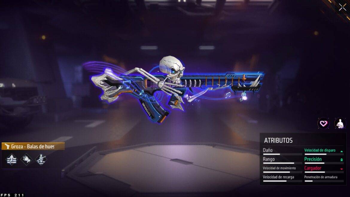 Skin Groza Balas de Hueso en Free Fire con diseño de calaveras y efectos de luz
