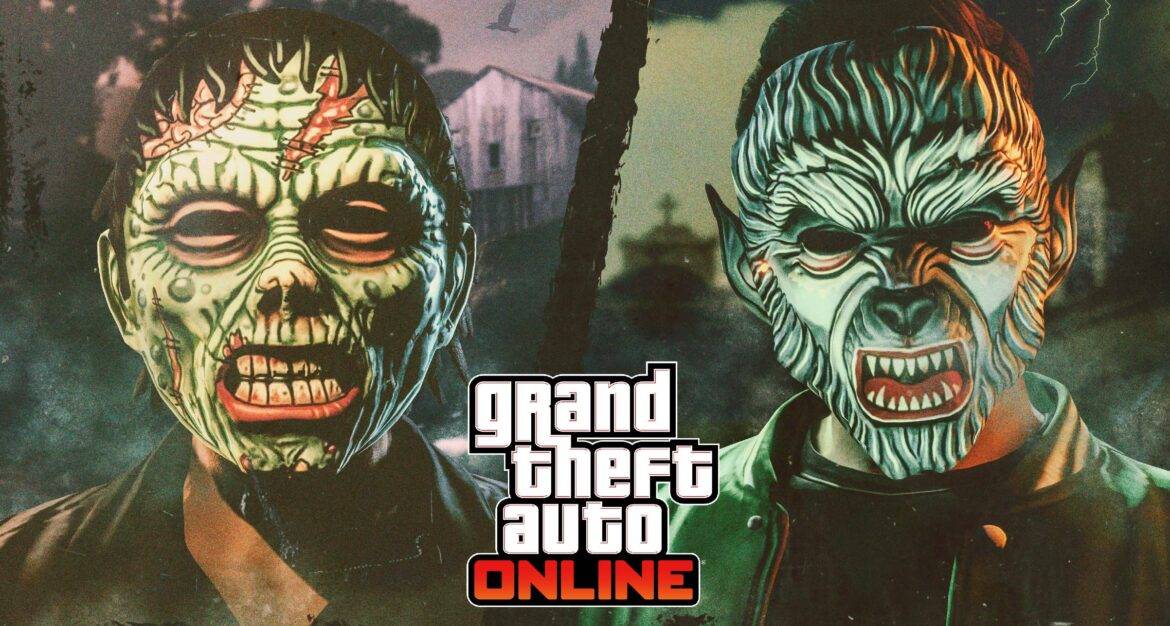 "Personajes de GTA Online celebrando la actualización de Halloween con máscaras y vehículos temáticos