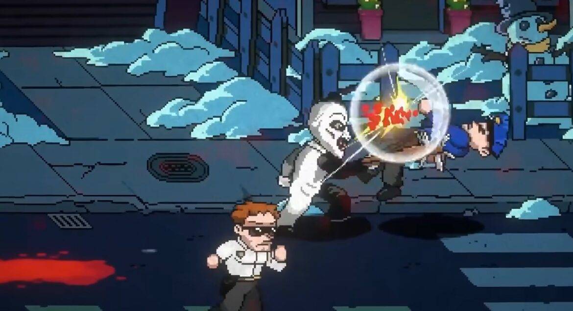 Pantalla del videojuego Terrifier: The ARTcade Game mostrando a Art the Clown en acción con gráficos retro.