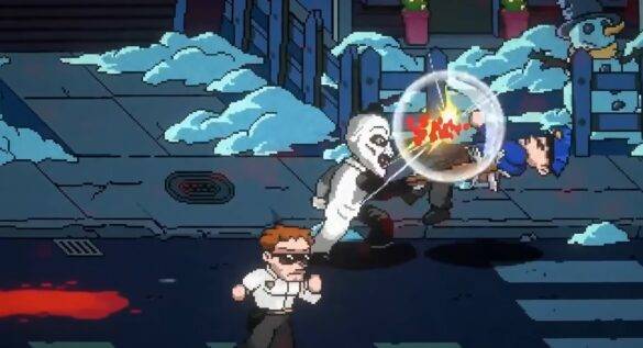 Pantalla del videojuego Terrifier: The ARTcade Game mostrando a Art the Clown en acción con gráficos retro.